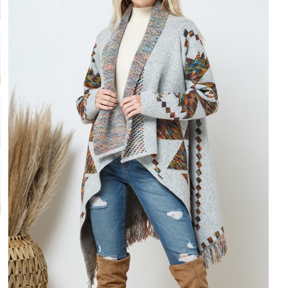 NEW Open Drape Knit Geo Pattern Blanket Cardigan With Fringe - Picture 1 of 10